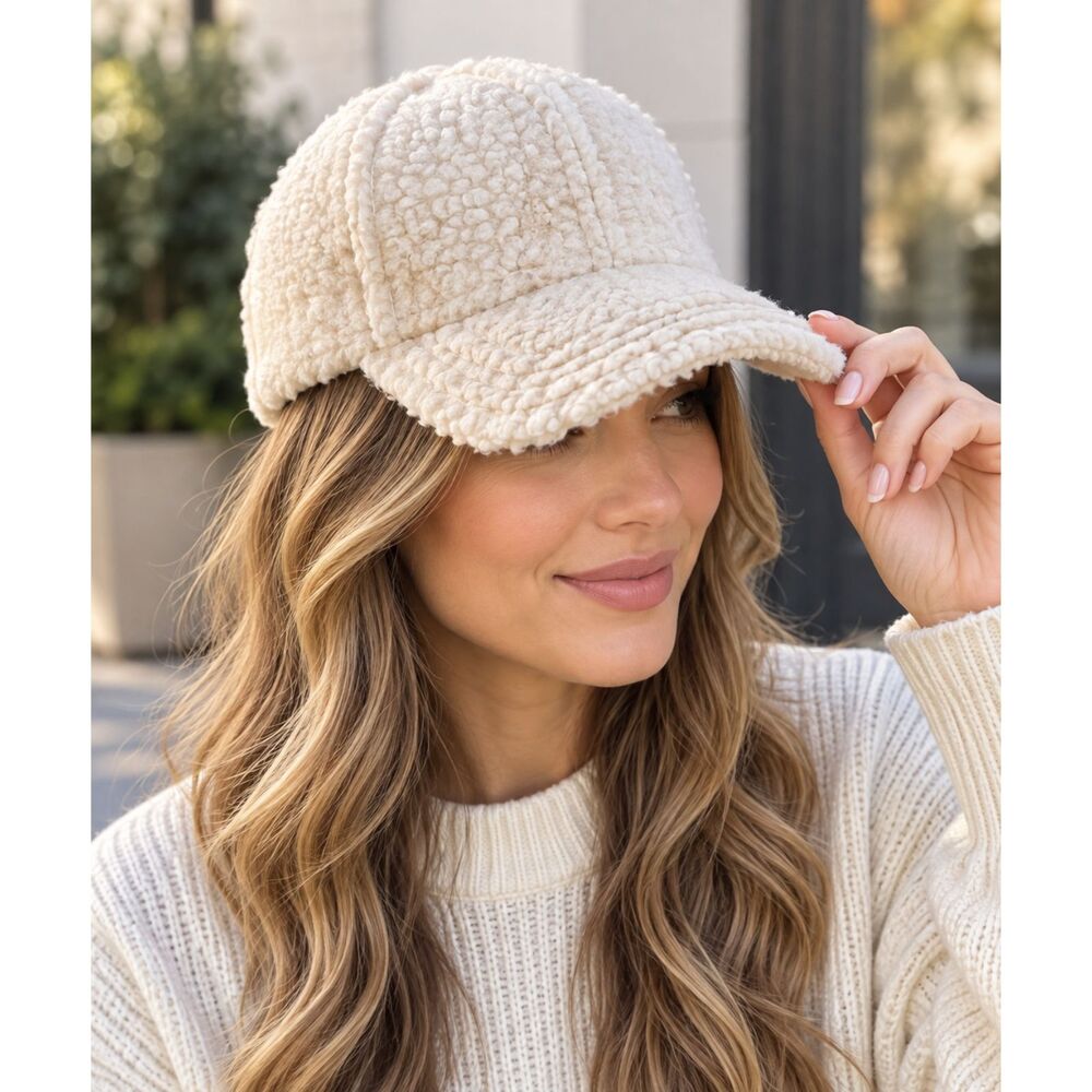 Free People Cream Teddy Sherpa Fleece Baseball Cap Adjustable Hat